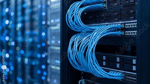 Tableau sur toile Close-up photograph of blue network cables on server rack in a modern data center, symbolizing high-speed connectivity