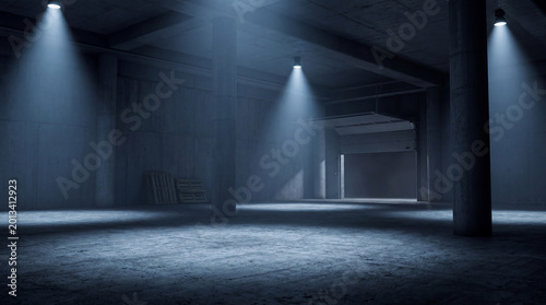 фотографія Industrial concrete warehouse interior with bright spotlights illuminating the empty space