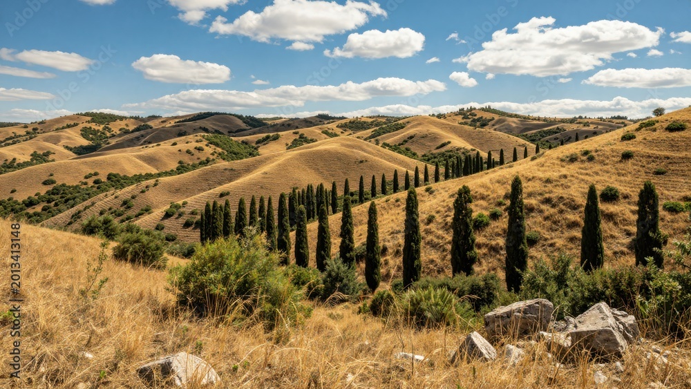 Naklejka premium Rolling Hills Landscape with Cypress Trees under Blue Sky