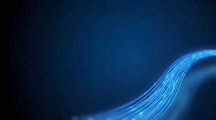 Dynamic dark blue background with abstract glowing fiber optic cables symbolizing fast digital data transmission.