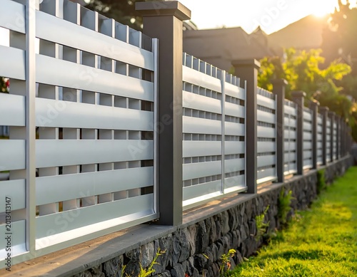 Modern Silver Aluminum Horizontal Slat Privacy Fence On Dark Stone Retaining Wall In Residential Garden At Sunset Golden Hour Light