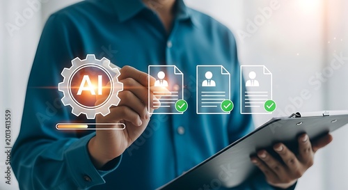 Aipowered recruitment and human resources management concept a professional using digital technology to screen and evaluate job candidate resumes with automated artificial intelligence software