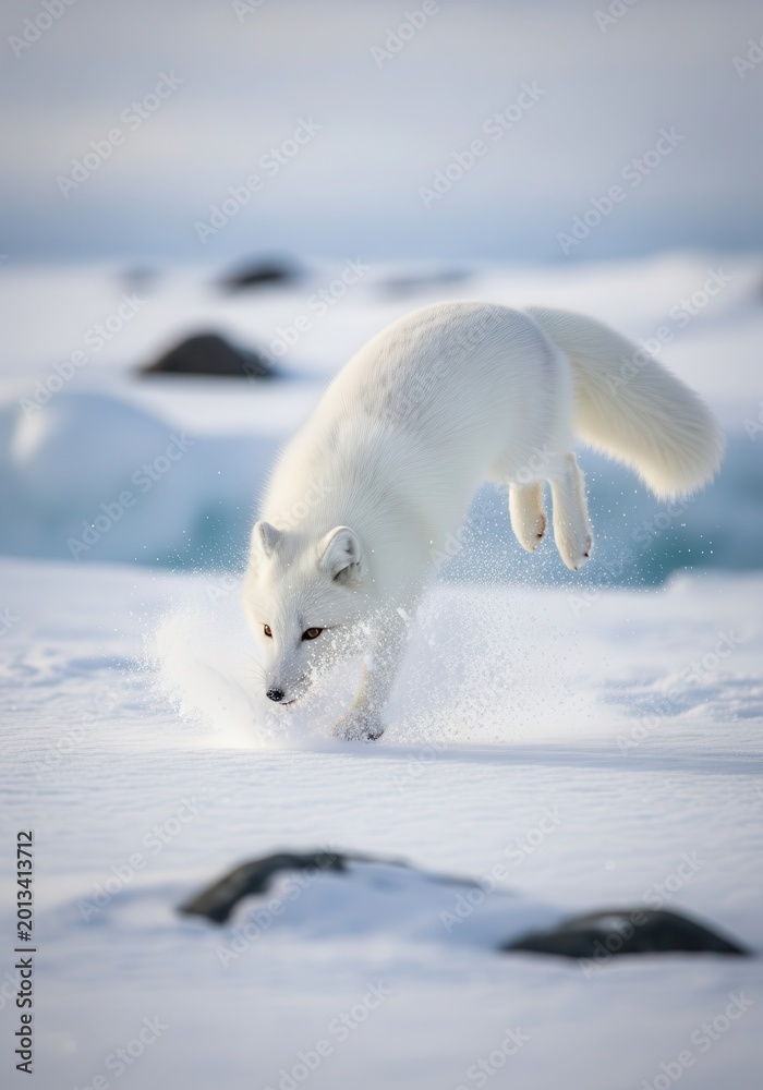 Fototapeta premium Arctic Fox Jumping into Deep Snow While Hunting in the Frozen Tundra Winter Landscape