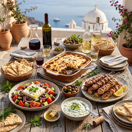 grand Greek Feast spread: a large table filled with moussaka, Greek salad, souvlaki, pita bread, tzatziki, olives, and wine. High-angle view, vibrant colors, rustic Mediterranean textures, and soft na
