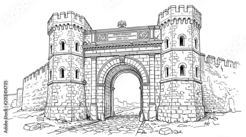 Obraz na płótnie Ancient stone fortress gate with battlements and arched entrance.