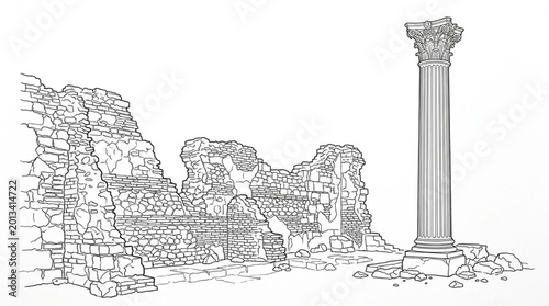 Tableau sur toile Ancient stone ruins and a solitary column illustration.