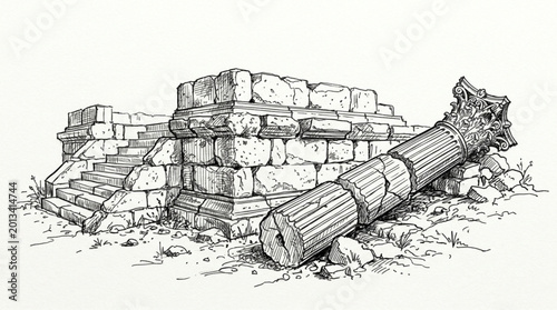Quadro su tela Ancient Stone Ruins with Fallen Column Illustration.