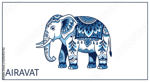 Decorated Elephant with Traditional Indian Patterns in Blue and White
