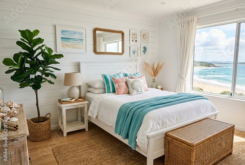 Serene Beachfront Bedroom Oasis with Ocean View and Coastal Decor.