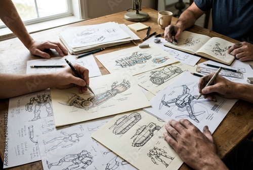 Team of designers collaborating on concept sketches for a new project.