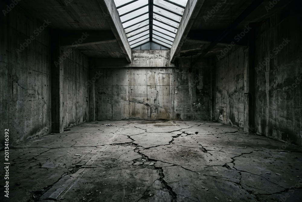 Fototapeta premium Abandoned Industrial Warehouse Interior with Cracked Concrete Floor and Skylight.