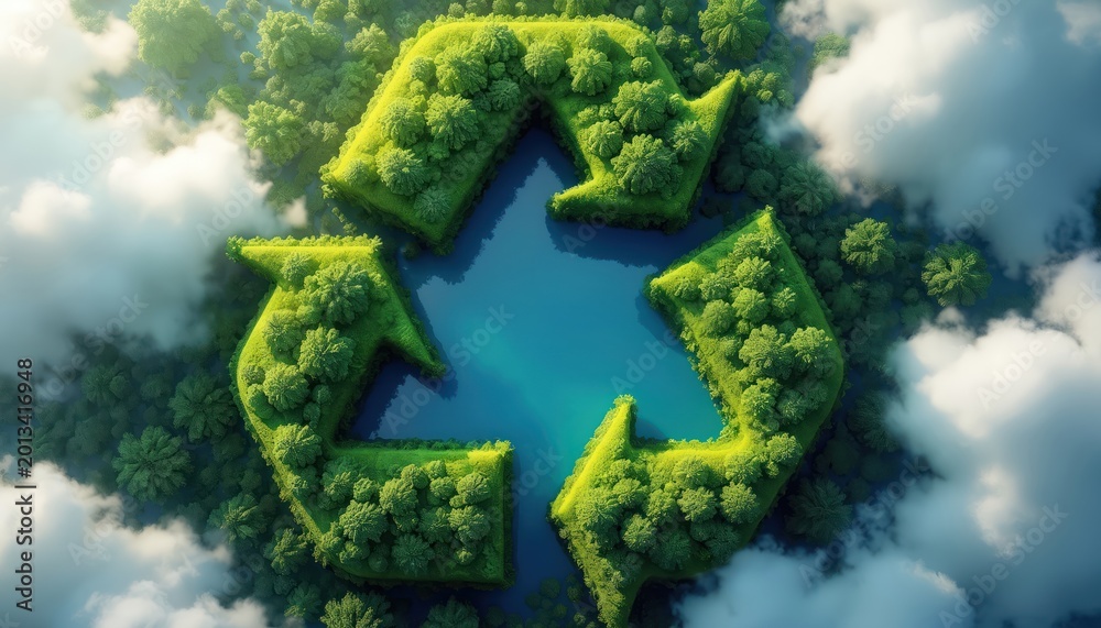 Naklejka premium Aerial view of green recycle symbol formed by lush forest and trees. Blue water fills symbol center. Clouds float above green landscape. Symbolizes environmental conservation and eco friendly living.