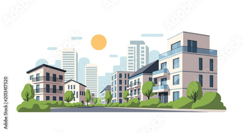 Modern urban cityscape featuring residential apartment buildings green trees a sunny sky and a clean street in a flat design style.
