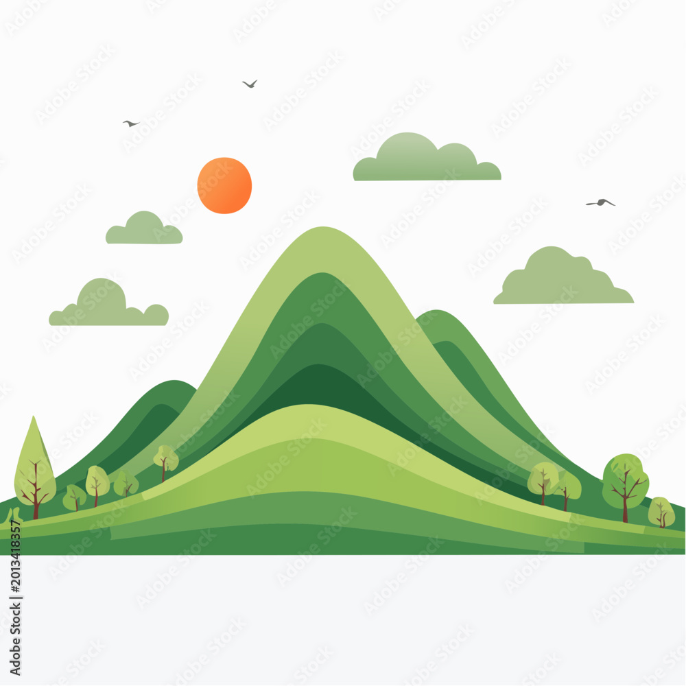 Fototapeta premium Stylized Green Hills Landscape with Sun and Clouds