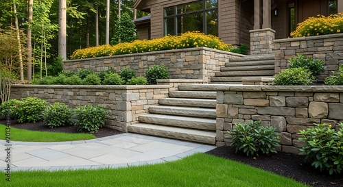 A beautifully landscaped garden with stone steps and a house in the background