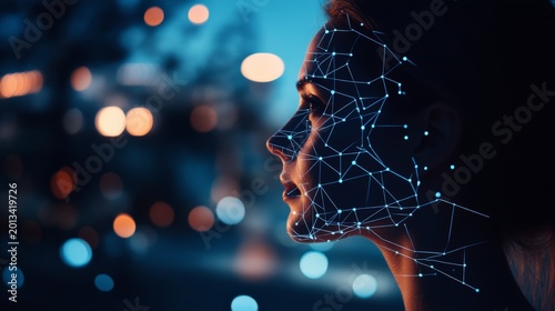 Woman's face overlaid with digital network at night