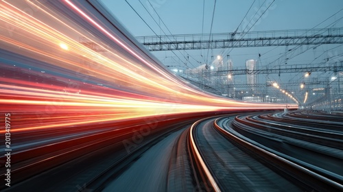 Dynamic motion capture of train movement along railway tracks showcasing light trails and urban background in evening dusk ambiance