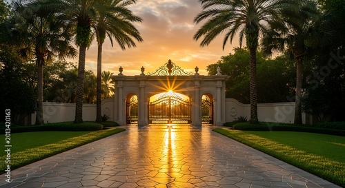 Luxurious gated driveway with palm trees at sunset