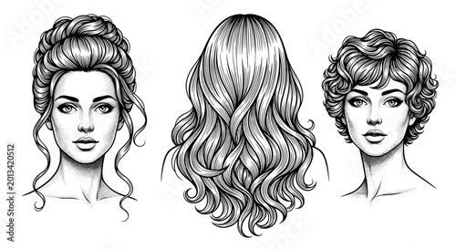 Diverse female hairstyles collection elegant updo flowing waves and chic short cut showcasing beauty and style