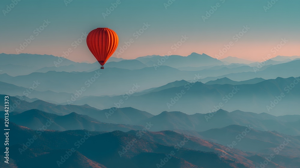 Fototapeta premium Vibrant Red Hot Air Balloon Ascends Over Misty Blue Mountain Ranges at Sunrise.