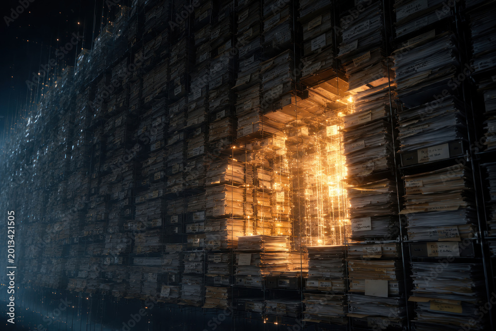 Fototapeta premium Massive digital archive with glowing AI data core and document storage concept