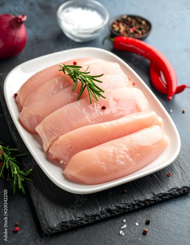 Raw Chicken Breast Fillets On White Plate With Fresh Rosemary And Peppercorns Prepared Poultry Meat On Dark Slate Stone Background For Cooking