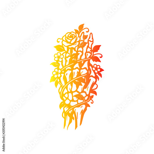 Bild auf Leinwand A skeleton hand, adorned with a vibrant gradient of orange and yellow, is wrapped in blooming roses and flowers, representing life's beauty persisting through decay