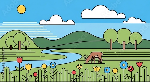 A vibrant flat illustration shows a grazing deer in a field with wildflowers. Hills, a winding river, trees, clouds, & sun fill the background