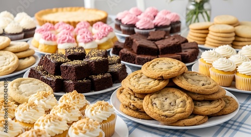 Assorted sweet treats on plates and trays on a table
