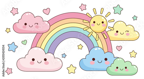 Smiling Clouds with Rainbow and Sun.