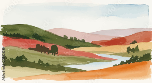 Foto Landscape with rolling hills and river.