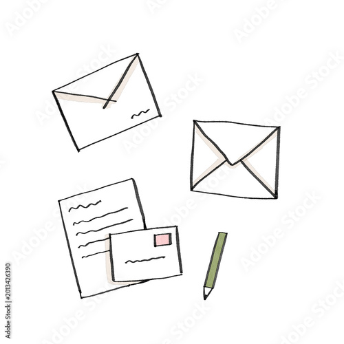 Obraz na płótnie Hand-drawn mail stationery with envelopes and letter on black