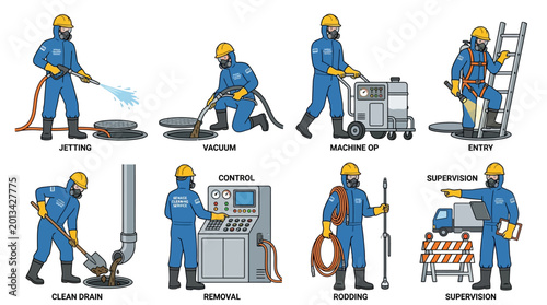 Professional workers in protective gear performing various essential sewage cleaning and maintenance tasks for infrastructure safety