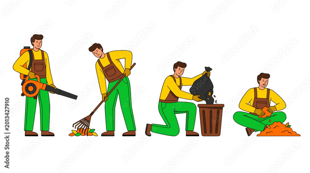 Fototapeta premium Sequence of a man performing yard cleanup tasks using a leaf blower sweeping debris bagging trash and sitting amongst collected leaves illustrating a complete process for outdoor