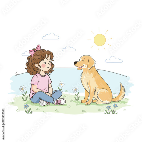 Cartoon illustration of a young girl and her pet dog enjoying a sunny day outdoors
