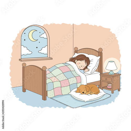 Cute little girl sleeping in bed with her pet dog at night cartoon vector illustration