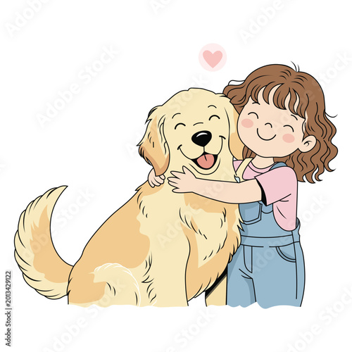 Cute little girl hugging her golden retriever dog with love cartoon vector illustration