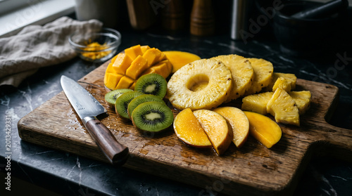 Cinematic Commercial Food Photography Of Freshly Sliced Tropical Mango Pineapple And Kiwi On A Rustic Wooden Cutting Board