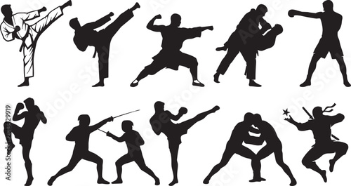 Fotografía Martial arts silhouette bundle, karate, taekwondo, kung fu, judo, boxing, fencin