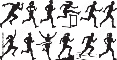 Fotografie Running silhouette bundle, sprinters, hurdlers, relay baton, finish line, uphill