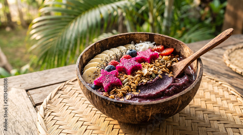 Cinematic Close Up Photography Of A Nutritious Acai Bowl Topped With Fresh Bananas Granola And Tropical Dragon Fruit