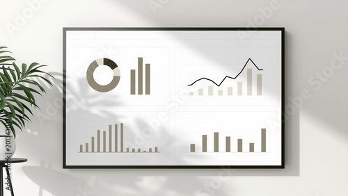Business growth chart and analytics visualization on a framed poster on a wall with plant shadow