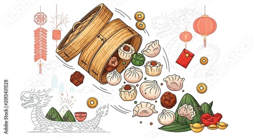 Colorful Chinese Dim Sum Spilling From Bamboo Steamer on Festive White Background