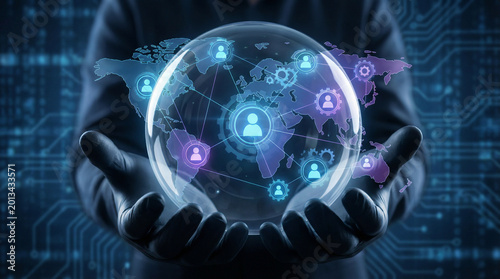 Businessman Holds Crystal Globe Showing Worldwide Human Resource Network Map