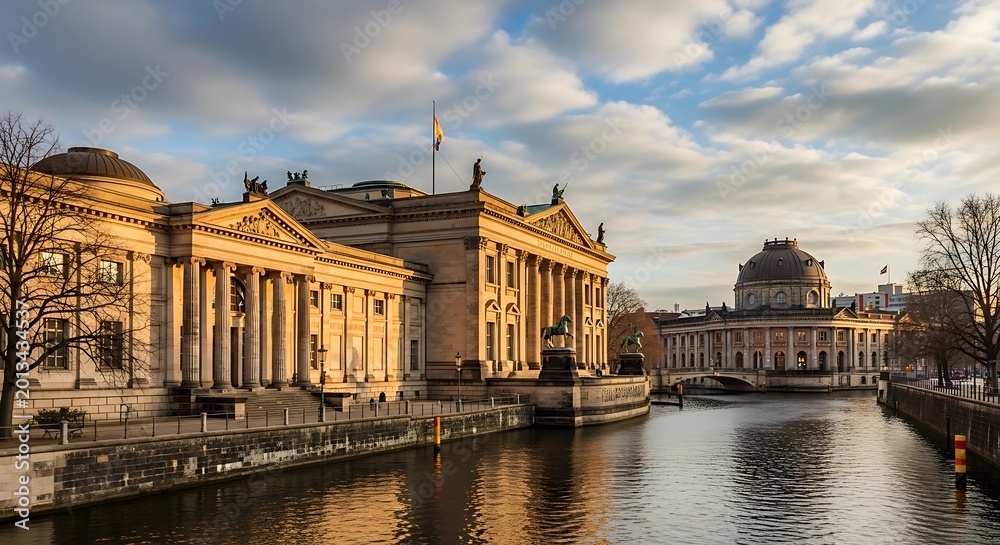 Fototapeta premium Historic Neoclassical Museum Buildings Reflecting Along River Canal at Sunset