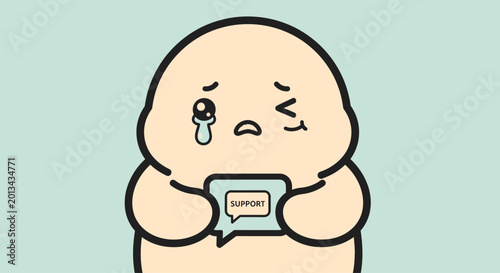 Photos Sad character crying, holding a speech bubble with the word SUPPORT