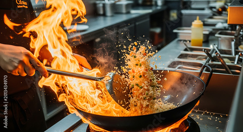 Chef cooking fried rice in a wok with flames, Asian cuisine, restaurant kitchen