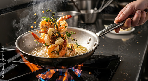 Chef cooking gourmet shrimp scampi in a sizzling pan with garlic and herbs, close-up