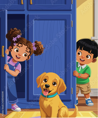 Happy kids playing hide and seek with their pet dog at home cartoon vector illustration