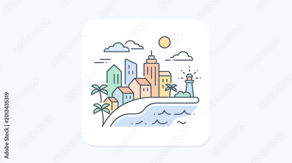 Obraz premium Coastal cityscape illustration buildings lighthouse and ocean view